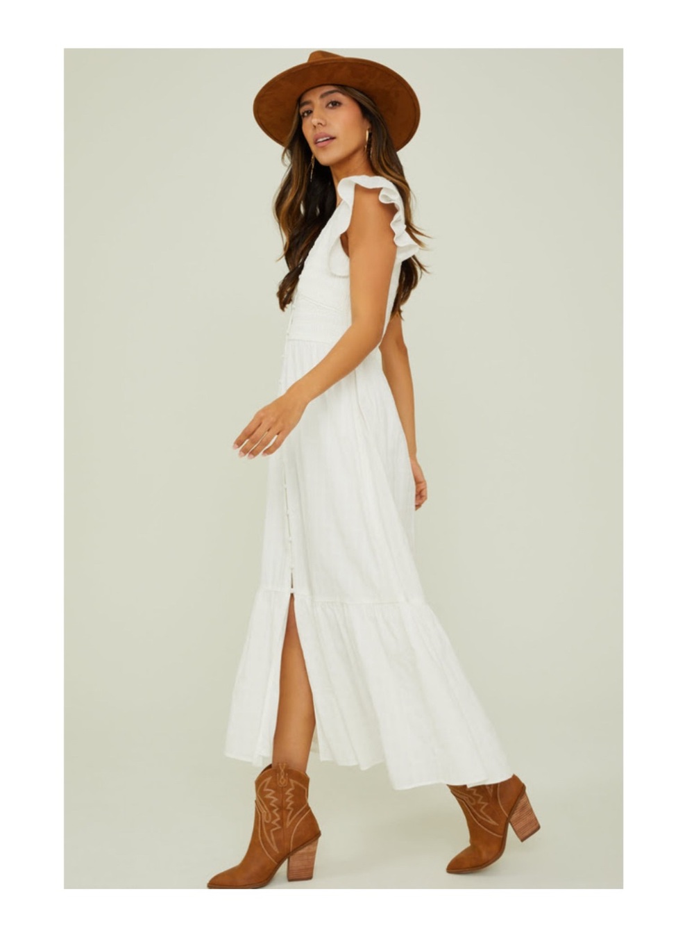 Altar'd State White Bianca Button-up MIDI Dress with Flutter Sleeves - small
